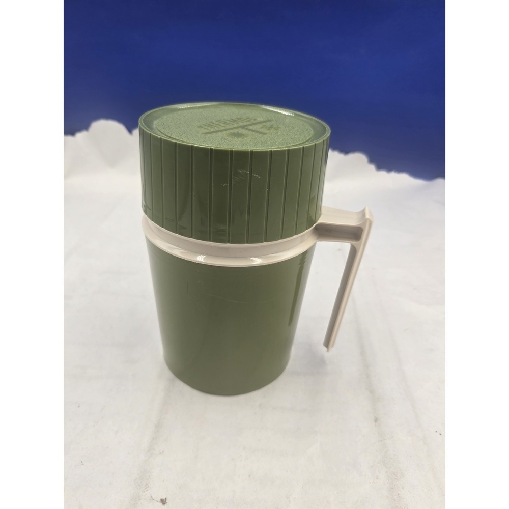Vtg MCM 1970s Thermos Brand 7 Inch 10oz Olive Green Thermos with Stopper 7002
